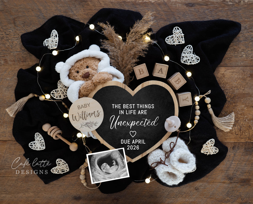 Neutral pregnancy announcement digital, Pregnancy announcement to husband, Boho pregnancy announcement template, Pregnancy announcement grandparents, Pregnancy reveal, Baby announcement digital, Neutral teddy bear baby heart chalkboard, One more to adore, 2 3 4, Second third fourth child sibling baby reveal, the best things in life are unexpected