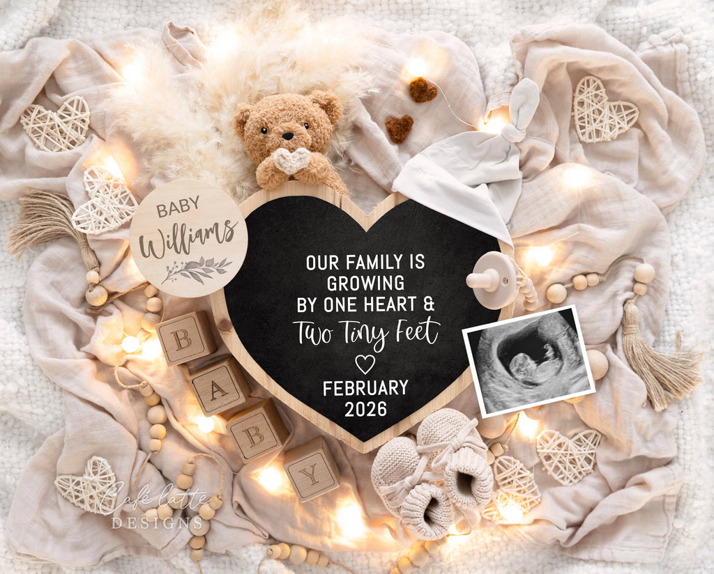 Pregnancy Announcement Digital Boho Gender Neutral Heart Chalkboard, Baby Announcement Digital Editable Template, Little Bear holding heart and Heart Chalkboard, baby announce, baby announceme, digital baby announcement, instant download baby announcement, diy baby announcement, editable baby announcement, baby reveal, pregnancy reveal, our family is growing by one heart and two tiny feet