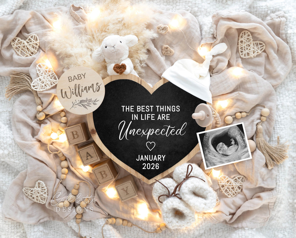 Pregnancy Announcement Digital Boho Gender Neutral Heart Chalkboard, Baby Announcement Digital Editable Template, Little Lamb holding heart and Heart Chalkboard, the best things in life are unexpected, baby announce, baby announceme, digital baby announcement, instant download baby announcement, diy baby announcement, editable baby announcement, baby reveal, pregnancy reveal