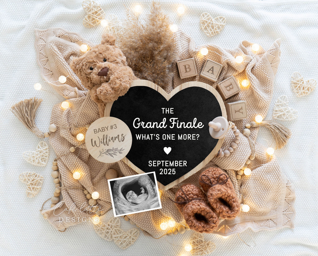 Pregnancy announcement digital, Pregnancy announcement to husband, Pregnancy announcement template, Pregnancy announcement grandparents, Pregnancy reveal, Pregnancy announcement gift, Neutral bear pampas green heart letter board, The grand finale whats one more, Second third fourth fifth child sibling announcement, Baby 2 3 4 5, 2nd 3rd 4th pregnancy reveal