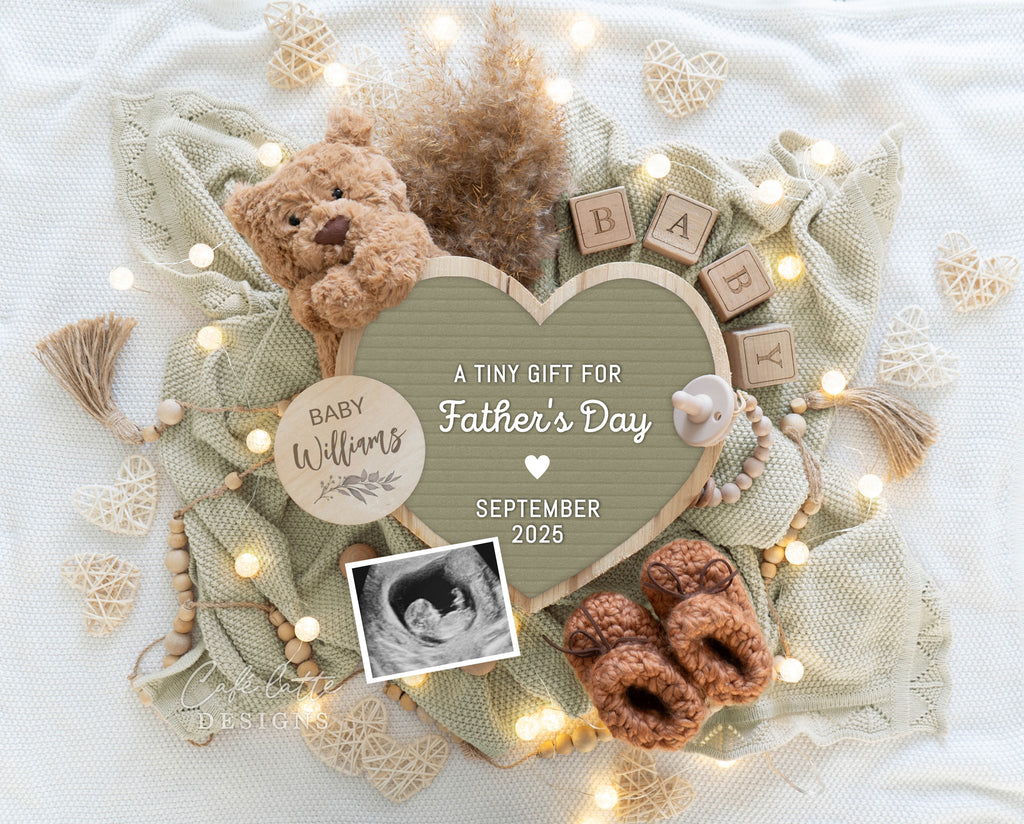 Fathers day pregnancy announcement digital reveal for social media, Fathers day baby announcement digital, pampas, teddy bear, lights and sage green letter board, Fathers day editable template DIY, a tiny gift for Fathers day pregnancy announcement digital, Fathers day baby announce, Fathers day pregnancy announce, digital baby announcement for husband, Fathers day pregnancy announcement ideas, Fathers day baby, spring baby, baby, spring baby announcement, baby announceme
