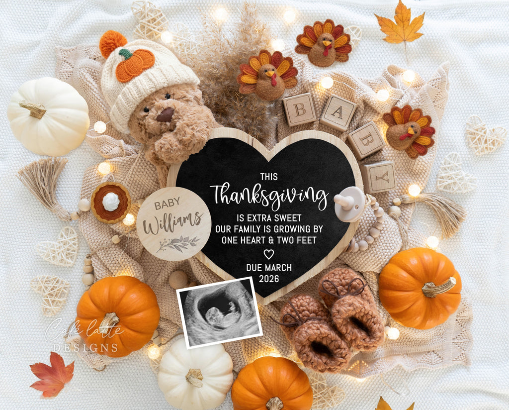 Fall pregnancy announcement digital reveal for social media, Thanksgiving boho baby announcement digital image with pumpkin hat, leaves, little felt turkeys, heart chalkboard, Gender neutral autumn editable template DIY, September October Baby,  this Thanksgiving is extra sweet our family is growing by one heart and two feet, baby announcement, baby announce, digital baby announcement, pregnancy announcement, pregnancy reveal, thanksgiving baby announcement, thanksgiving baby