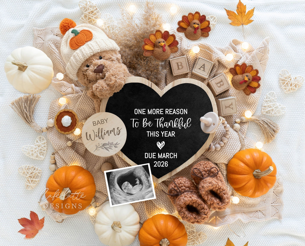 Fall pregnancy announcement digital reveal for social media, Thanksgiving boho baby announcement digital image with pumpkin hat, leaves, little felt turkeys, heart chalkboard, Gender neutral autumn editable template DIY, September October Baby, baby announcement, baby announce, digital baby announcement, pregnancy announcement, pregnancy reveal, thanksgiving baby announcement, thanksgiving baby, one more reason to be thankful this year