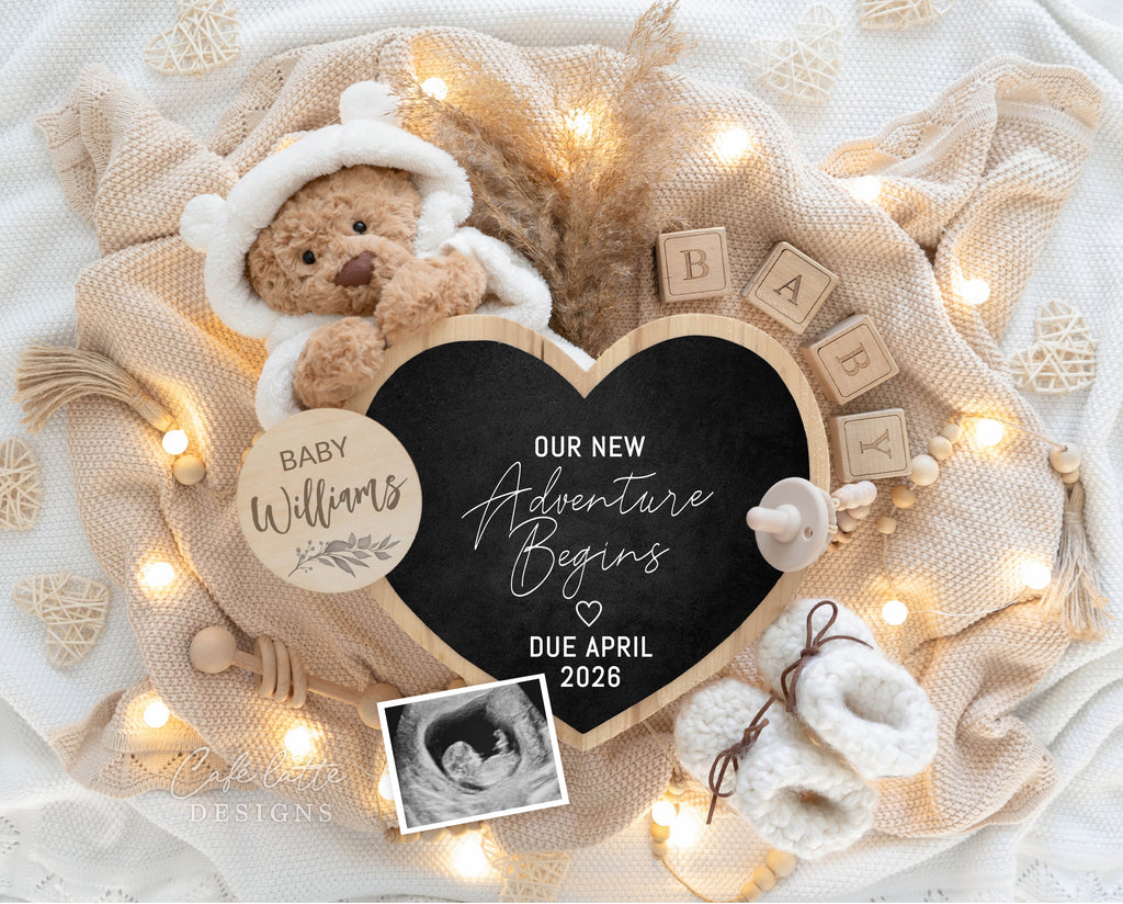 Pregnancy announcement digital, Pregnancy announcement to husband, Pregnancy announcement template, Pregnancy announcement grandparents, Pregnancy reveal, Pregnancy announcement gift, Neutral bear pampas heart board, Our New Adventure Begins