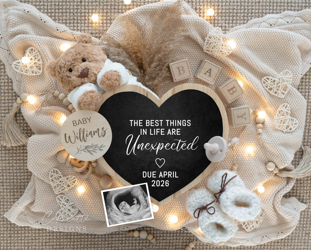 Pregnancy Announcement Digital Boho Gender Neutral Heart Chalkboard, Jute Background, Baby Announcement Digital Editable Template, Little Teddy Bear and Heart Chalkboard, the best things in life are unexpected, baby announce, baby announceme, digital baby announcement, instant download baby announcement, diy baby announcement, editable baby announcement, baby reveal, pregnancy reveal