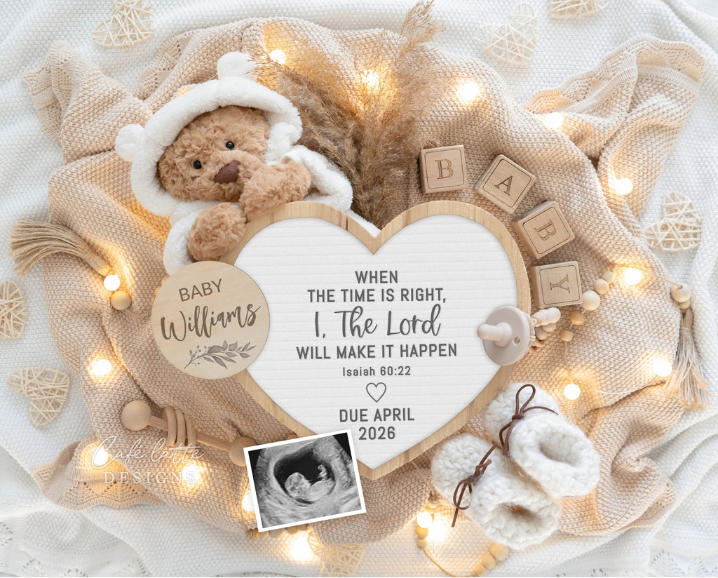 Religious pregnancy announcement digital reveal for social media, baby announcement digital image with bear, heart letterboard and pampas, When the time is right I the Lord will make it happen, Isaiah 60 22, Baby editable template DIY, baby announcement digital, digital baby announcement, baby announcement template, editable baby announcement, printable baby announcement, birth announcement template, baby announcement card, digital birth announcement, newborn announcement digital download