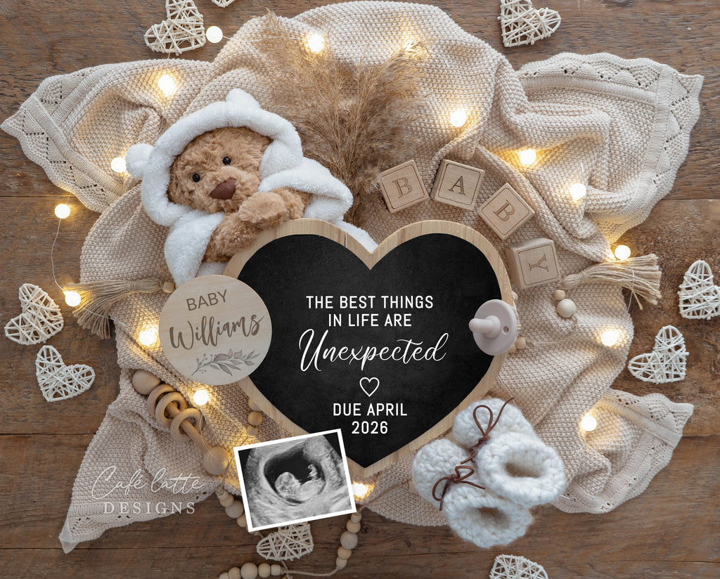 Neutral pregnancy announcement digital, Pregnancy announcement to husband, Boho pregnancy announcement template, Pregnancy announcement grandparents, Pregnancy reveal, Baby announcement digital, Neutral teddy bear baby heart chalkboard, One more to adore, 2 3 4, Second third fourth child sibling baby reveal, the best things in life are unexpected