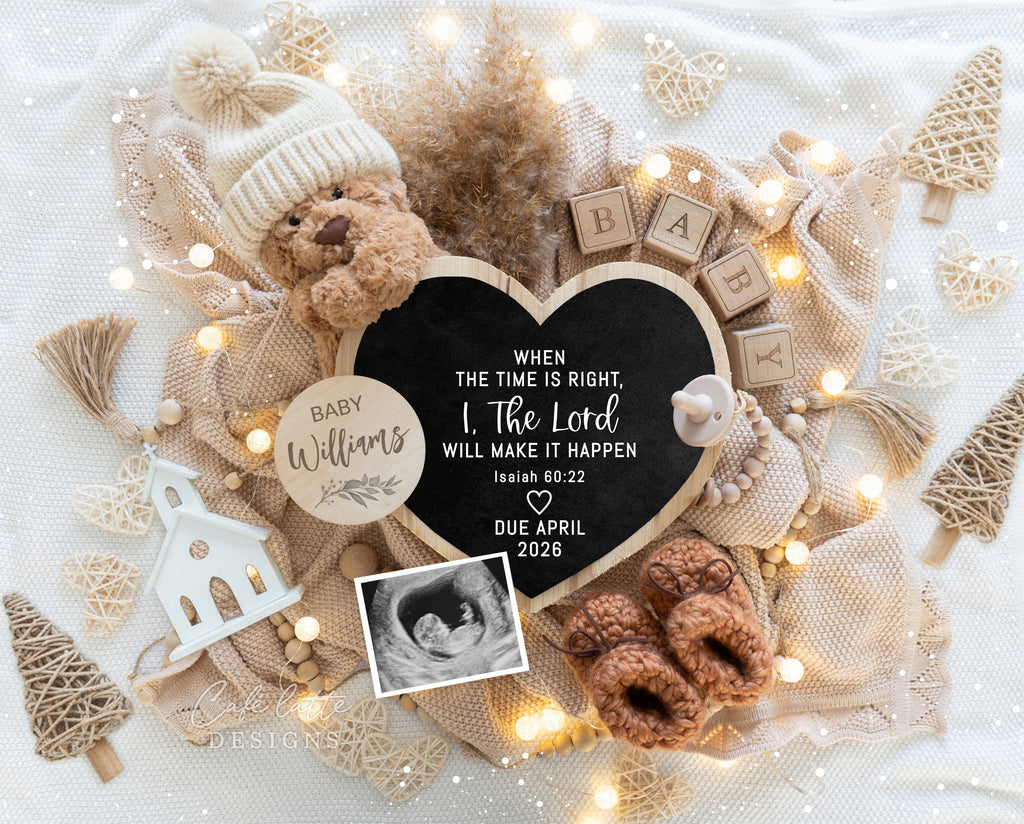 Christmas pregnancy announcement, holiday pregnancy reveal, boho pregnancy announcement, gender neutral pregnancy reveal, editable pregnancy template, printable baby announcement, social media pregnancy reveal, digital download, Corjl template, Isaiah 60:22, Christian pregnancy announcement, Christmas baby reveal, rustic boho decor, winter pregnancy announcement.