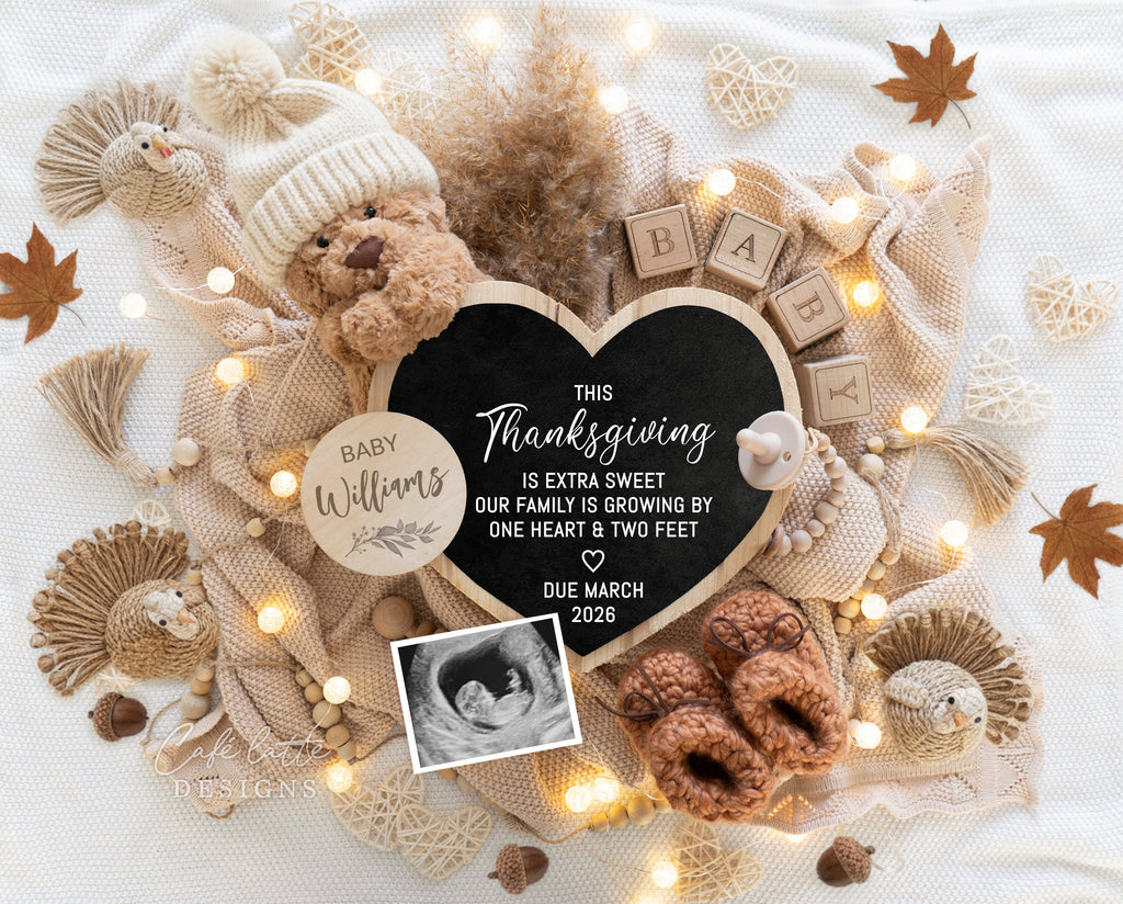 Fall pregnancy announcement digital reveal for social media, Thanksgiving boho baby announcement digital image with knitted hat, leaves, boho turkeys, heart chalkboard, Gender neutral autumn editable template DIY, September October Baby, baby announcement, baby announce, digital baby announcement, pregnancy announcement, pregnancy reveal, thanksgiving baby announcement, thanksgiving baby, this Thanksgiving is extra sweet our family is growing by one heart & two tiny feet