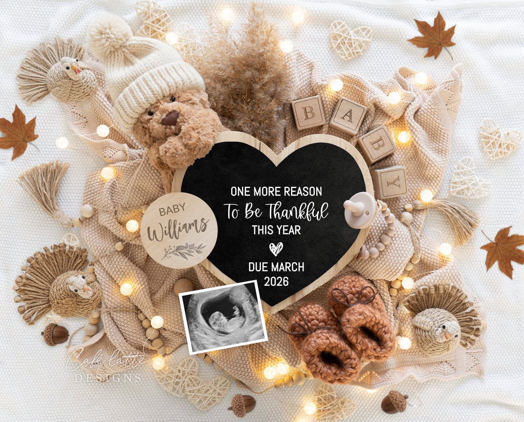 Fall pregnancy announcement digital reveal for social media, Thanksgiving boho baby announcement digital image with knitted hat, leaves, boho turkeys, heart chalkboard, Gender neutral autumn editable template DIY, September October Baby, baby announcement, baby announce, digital baby announcement, pregnancy announcement, pregnancy reveal, thanksgiving baby announcement, thanksgiving baby, one more reason to be thankful this year
