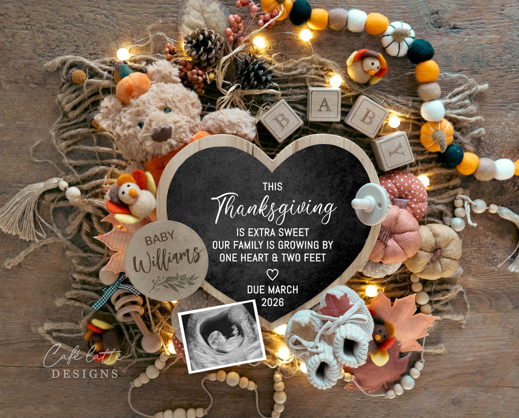 Fall pregnancy announcement digital reveal for social media, Thanksgiving boho baby announcement digital image with pumpkin hat, leaves, little felt turkeys, heart chalkboard, Gender neutral autumn editable template DIY, September October Baby,  this Thanksgiving is extra sweet our family is growing by one heart and two feet, baby announcement, baby announce, digital baby announcement, pregnancy announcement, pregnancy reveal, thanksgiving baby announcement, thanksgiving baby