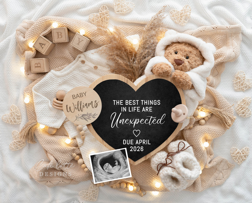 Pregnancy Announcement Digital Boho Gender Neutral Heart Chalkboard, Baby Announcement Digital Editable Template, Little Teddy Bear and Heart Chalkboard, the best things in life are unexpected, baby announce, baby announceme, digital baby announcement, instant download baby announcement, diy baby announcement, editable baby announcement, baby reveal, pregnancy reveal