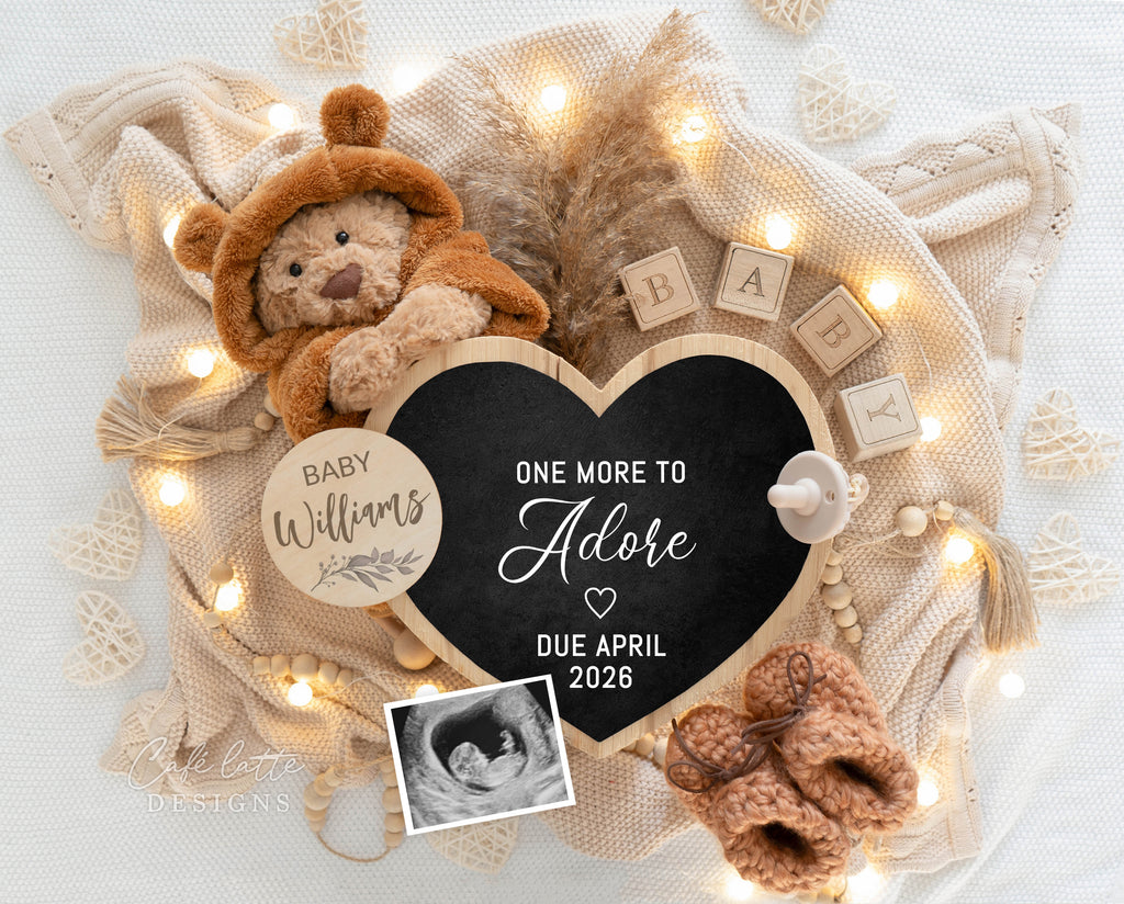 Neutral pregnancy announcement digital, Pregnancy announcement to husband, Boho pregnancy announcement template, Pregnancy announcement grandparents, Pregnancy reveal, Baby announcement digital, Neutral teddy bear baby heart chalkboard, One more to adore, 2 3 4, Second third fourth child sibling baby reveal