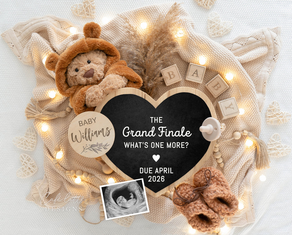 Pregnancy announcement digital, Pregnancy announcement to husband, Pregnancy announcement template, Pregnancy announcement grandparents, Pregnancy reveal, Pregnancy announcement gift, Neutral bear pampas green heart letter board, The grand finale whats one more, Second third fourth fifth child sibling announcement, Baby 2 3 4 5, 2nd 3rd 4th pregnancy reveal