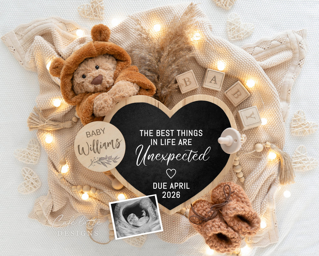 Pregnancy Announcement Digital Boho Gender Neutral Heart Chalkboard, Baby Announcement Digital Editable Template, Little Teddy Bear and Heart Chalkboard, the best things in life are unexpected, baby announce, baby announceme, digital baby announcement, instant download baby announcement, diy baby announcement, editable baby announcement, baby reveal, pregnancy reveal