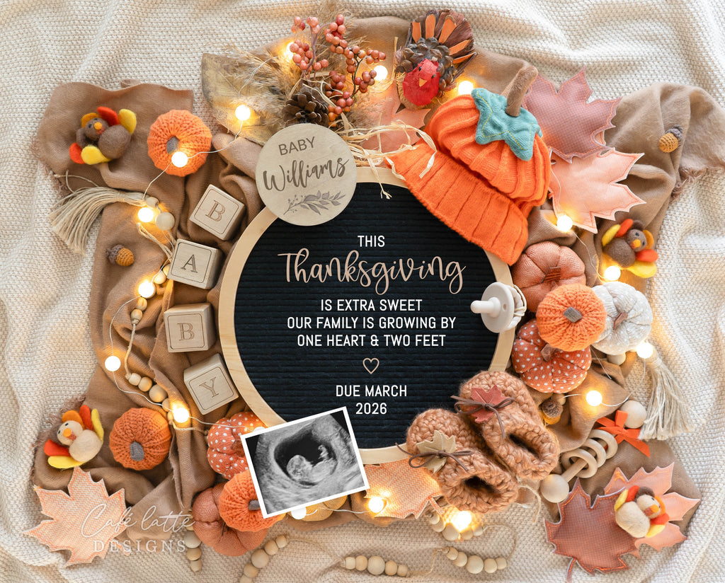 Fall pregnancy announcement digital reveal for social media, Thanksgiving boho baby announcement digital image with pumpkin hat, leaves, little felt turkeys, circle letterboard, Gender neutral autumn editable template DIY, September October Baby,  this Thanksgiving is extra sweet our family is growing by one heart and two feet, baby announcement, baby announce, digital baby announcement, pregnancy announcement, pregnancy reveal, thanksgiving baby announcement, thanksgiving baby