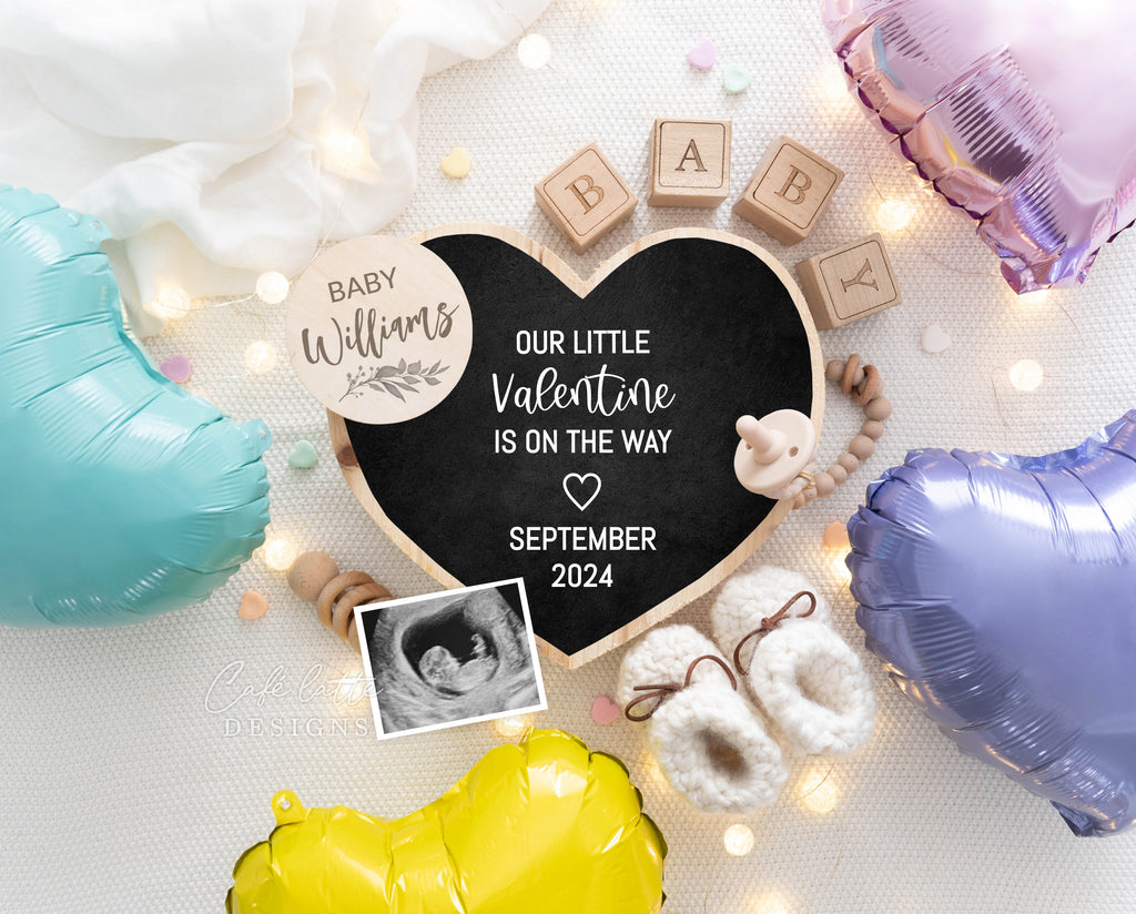 Valentines Day pregnancy announcement digital reveal for social media, Valentines digital baby announcement, heart chalkboard, lights and balloons, Boho gender neutral announcement February, Saint-Valentine Baby announcement, Baby Announcement DIY