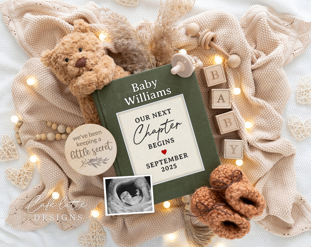 Pregnancy announcement digital, Pregnancy announcement to husband, Pregnancy announcement template, Pregnancy announcement grandparents, Pregnancy reveal, Pregnancy announcement gift, Neutral bear pampas book, Our next chapter begins, keeping a little secret pregnancy reveal idea