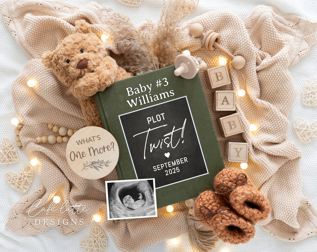 Pregnancy announcement digital, Pregnancy announcement to husband, Pregnancy announcement template, Pregnancy announcement grandparents, Pregnancy reveal, Pregnancy announcement gift, Neutral bear pampas book, Plot twist whats one more, Second third fourth fifth child sibling reveal ideas, Baby # 2 3 4 5 pregnancy reveal original idea
