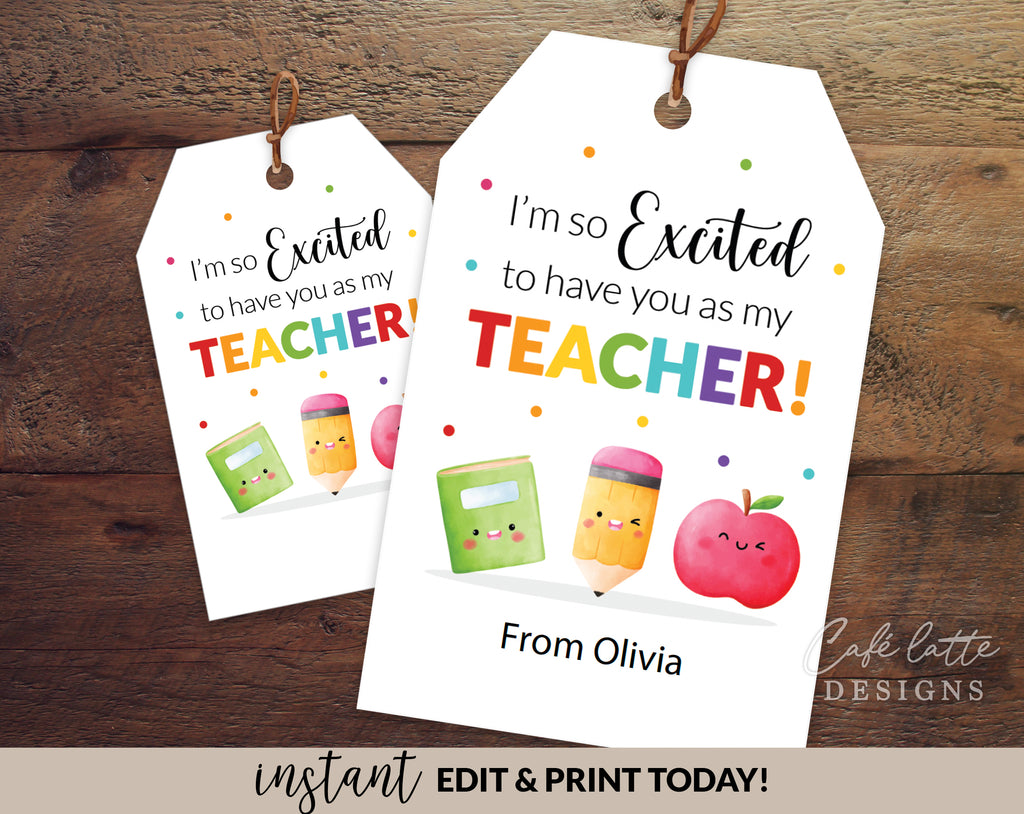 Back to school gift tags editable printable template, Im so excited to have you as my teacher gift tags for school teacher kids and friends, Pencil crayon apple and text book gift tags instant download, Cheap back to school gift tag ideas for teachers DIY