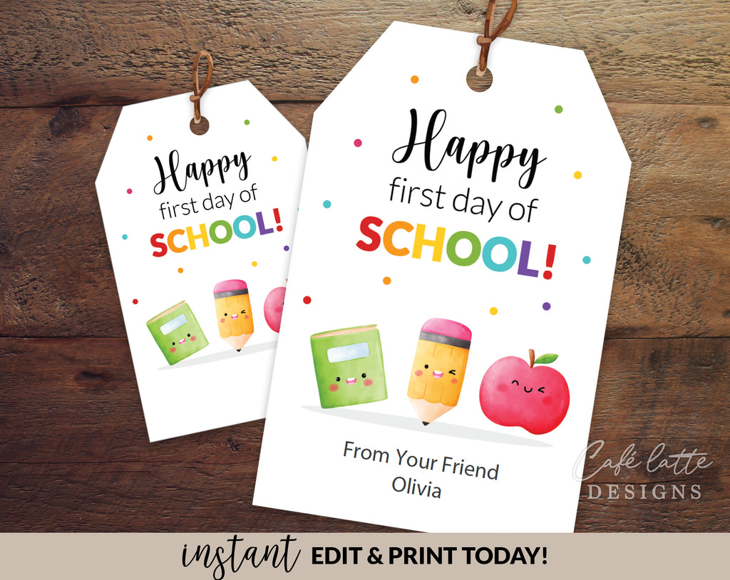 Back to school gift tags editable printable template, Happy first day of school gift tags for school kids and friends, Cheap back to school gift tags, Back to school gift tags instant download DIY, Pencil crayon book and apple smiley gift tags for kindergarten