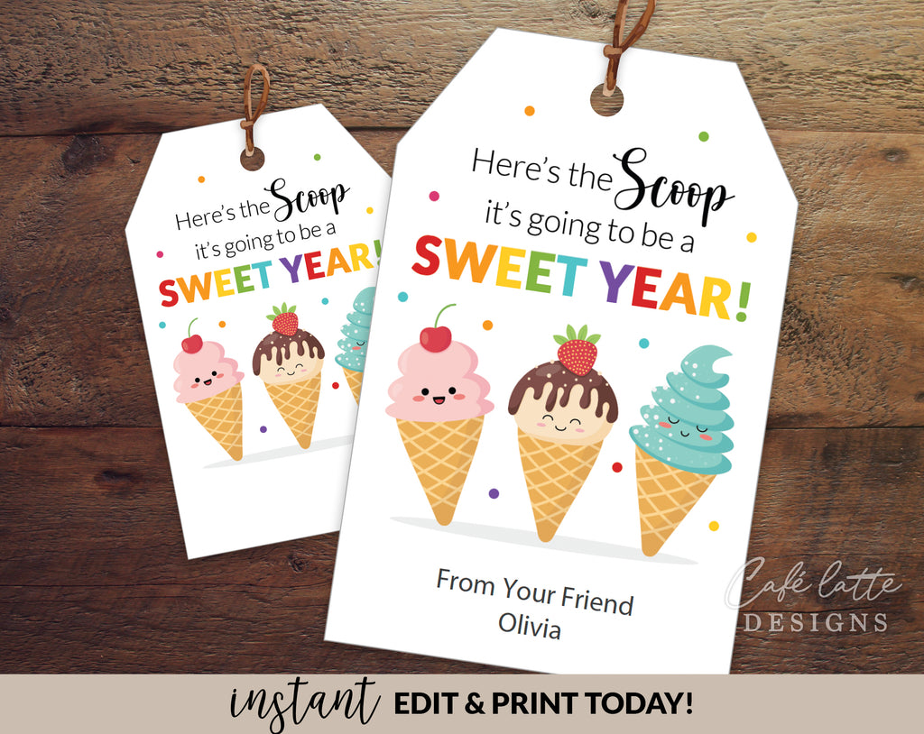 Back to school gift tags editable printable template, Heres the scoop its going to be a sweet year gift tags for school teacher kids and friends, Ice cream gift tags instant download, Cheap back to school gift tag ideas DIY, Kawaii ice cream gift tags for school