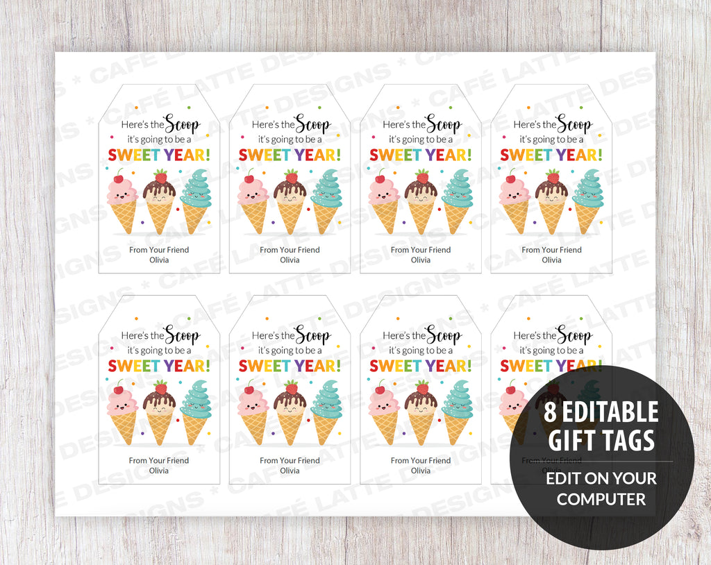 Back to school gift tags editable printable template, Heres the scoop its going to be a sweet year gift tags for school teacher kids and friends, Ice cream gift tags instant download, Cheap back to school gift tag ideas DIY, Kawaii ice cream gift tags for school