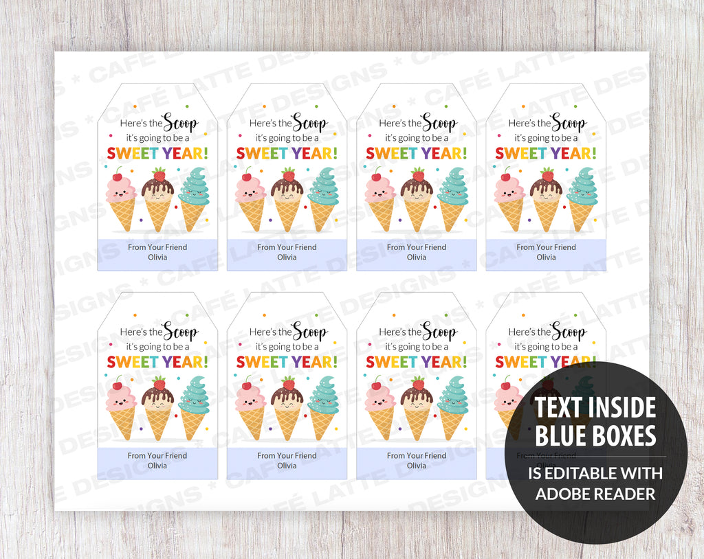 Back to school gift tags editable printable template, Heres the scoop its going to be a sweet year gift tags for school teacher kids and friends, Ice cream gift tags instant download, Cheap back to school gift tag ideas DIY, Kawaii ice cream gift tags for school