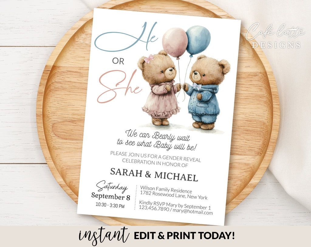 Gender reveal invitation, Baby bear balloons vintage boy girl gender reveal invite editable template DIY, He or She, Boy or Girl, Pink or blue Spring Summer fall autumn baby reveal, printable invitation, email, gender reveal text message invite bearly wait to see what baby will be