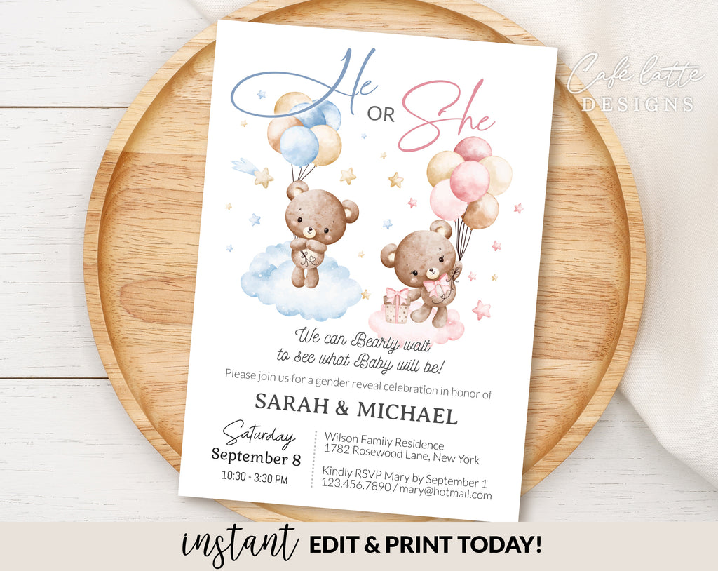 Gender reveal invitation, Baby bear balloons vintage boy girl gender reveal invite editable template DIY, He or She, Boy or Girl, Pink or blue Spring Summer fall autumn baby reveal, printable invitation, email, gender reveal text message invite bearly wait to see what baby will be