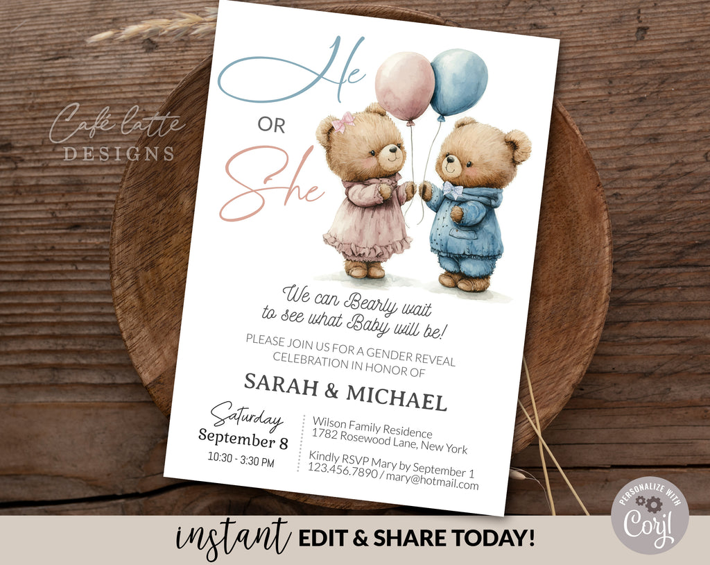 Gender reveal invitation, Baby bear balloons vintage boy girl gender reveal invite editable template DIY, He or She, Boy or Girl, Pink or blue Spring Summer fall autumn baby reveal, printable invitation, email, gender reveal text message invite bearly wait to see what baby will be