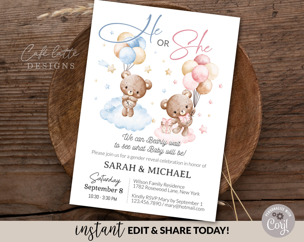 Gender reveal invitation, Baby bear balloons vintage boy girl gender reveal invite editable template DIY, He or She, Boy or Girl, Pink or blue Spring Summer fall autumn baby reveal, printable invitation, email, gender reveal text message invite bearly wait to see what baby will be