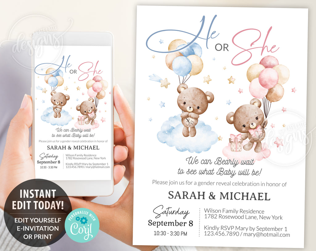 Gender reveal invitation, Baby bear balloons vintage boy girl gender reveal invite editable template DIY, He or She, Boy or Girl, Pink or blue Spring Summer fall autumn baby reveal, printable invitation, email, gender reveal text message invite bearly wait to see what baby will be