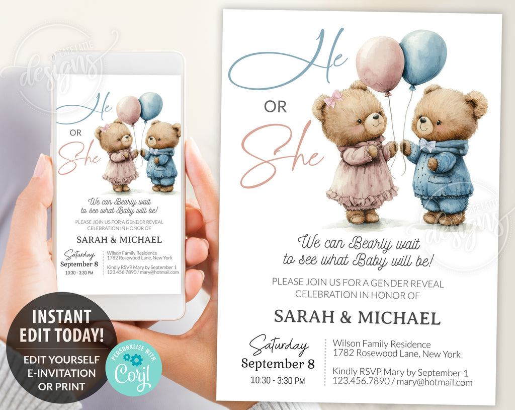 Gender reveal invitation, Baby bear balloons vintage boy girl gender reveal invite editable template DIY, He or She, Boy or Girl, Pink or blue Spring Summer fall autumn baby reveal, printable invitation, email, gender reveal text message invite bearly wait to see what baby will be