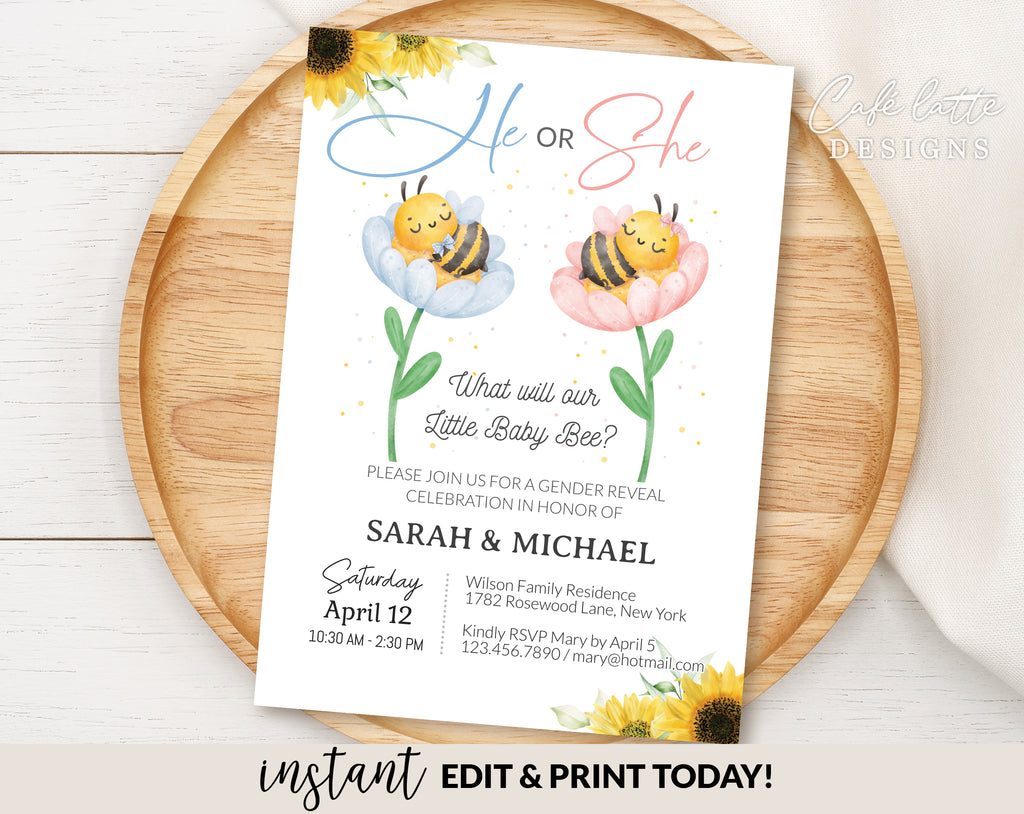 Bee Gender reveal invitation, Baby bees boy girl gender reveal invite editable template DIY, He or She, Boy or Girl, Pink or blue spring Summer baby bee reveal, printable invitation, email, gender reveal text message invite, Sunflowers gender reveal invitation