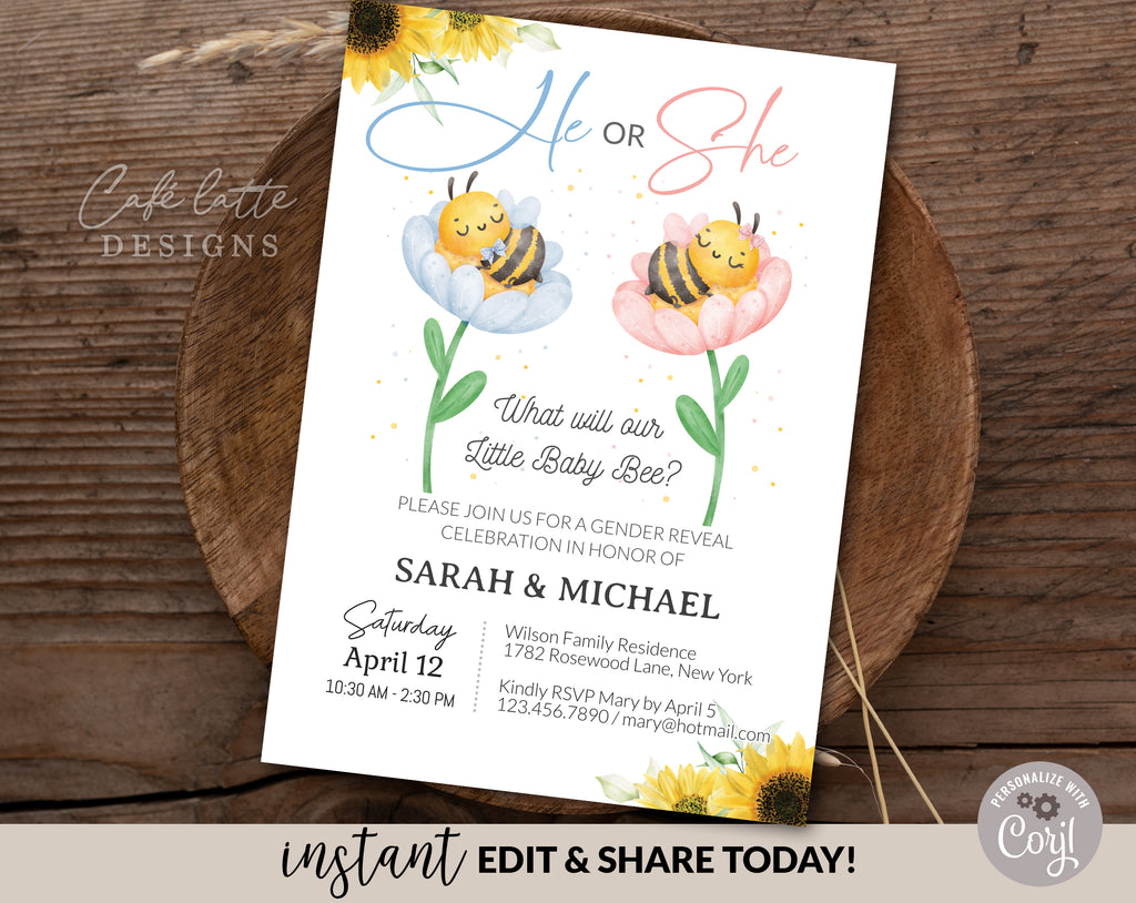 Bee Gender reveal invitation, Baby bees boy girl gender reveal invite editable template DIY, He or She, Boy or Girl, Pink or blue spring Summer baby bee reveal, printable invitation, email, gender reveal text message invite, Sunflowers gender reveal invitation