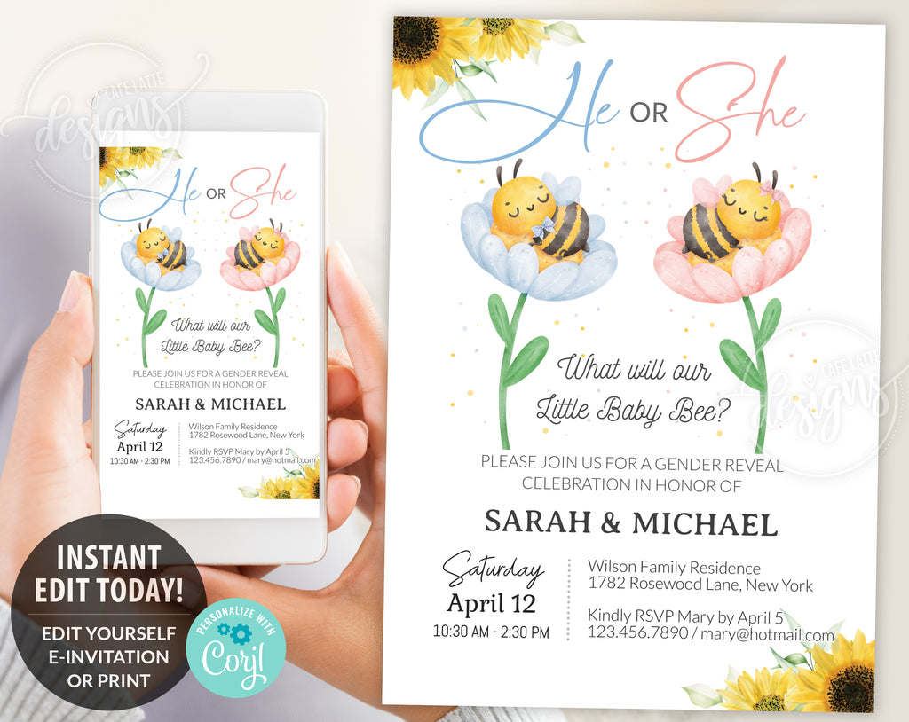 Bee Gender reveal invitation, Baby bees boy girl gender reveal invite editable template DIY, He or She, Boy or Girl, Pink or blue spring Summer baby bee reveal, printable invitation, email, gender reveal text message invite, Sunflowers gender reveal invitation