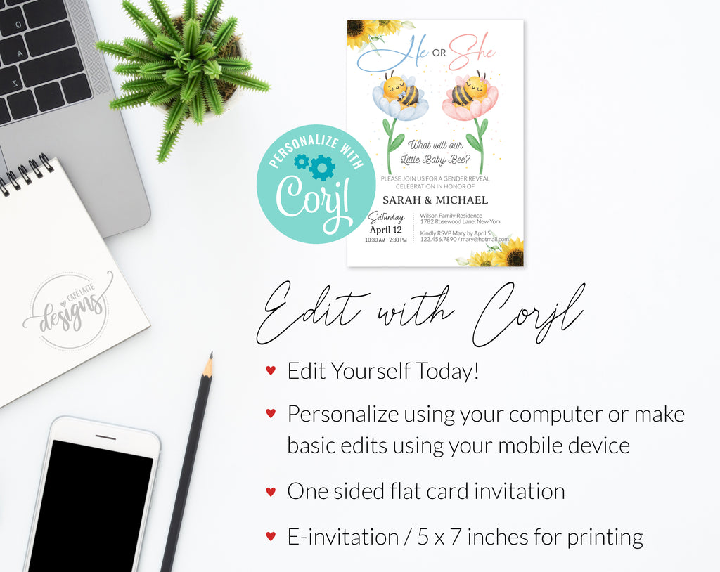 Bee Gender reveal invitation, Baby bees boy girl gender reveal invite editable template DIY, He or She, Boy or Girl, Pink or blue spring Summer baby bee reveal, printable invitation, email, gender reveal text message invite, Sunflowers gender reveal invitation