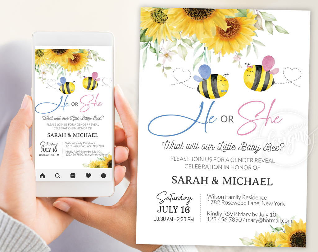 Bee summer gender reveal invitation and welcome sign printable, Little baby bee summer gender reveal invite editable template DIY, He or She, Boy or Girl, Pink and blue baby reveal for June, July and August, printable invitation and welcome sign poster, email, text message summer invite, sunflowers, instant download, cheap gender reveal invitation and welcome sign