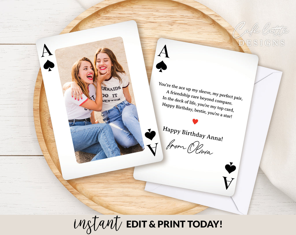 Original best friend Birthday photo card printable, Birthday playing card for bestie editable template instant download DIY, Best friends birthday photo photoshoot ecard digital send by email text message social media, birthday custom personalized card for girl boy best friend, Playing card original funny card for him her, Instant download card, last minute card for men for women from best friend with poem ace of spades