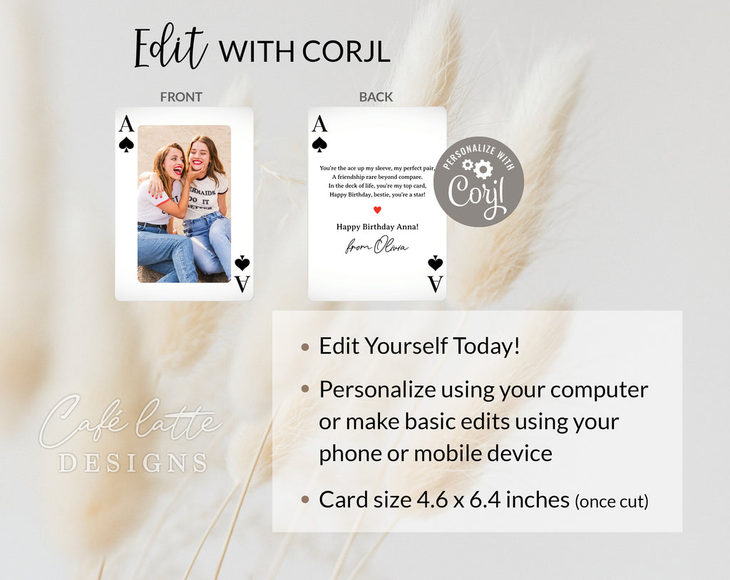 Original best friend Birthday photo card printable, Birthday playing card for bestie editable template instant download DIY, Best friends birthday photo photoshoot ecard digital send by email text message social media, birthday custom personalized card for girl boy best friend, Playing card original funny card for him her, Instant download card, last minute card for men for women from best friend with poem ace of spades