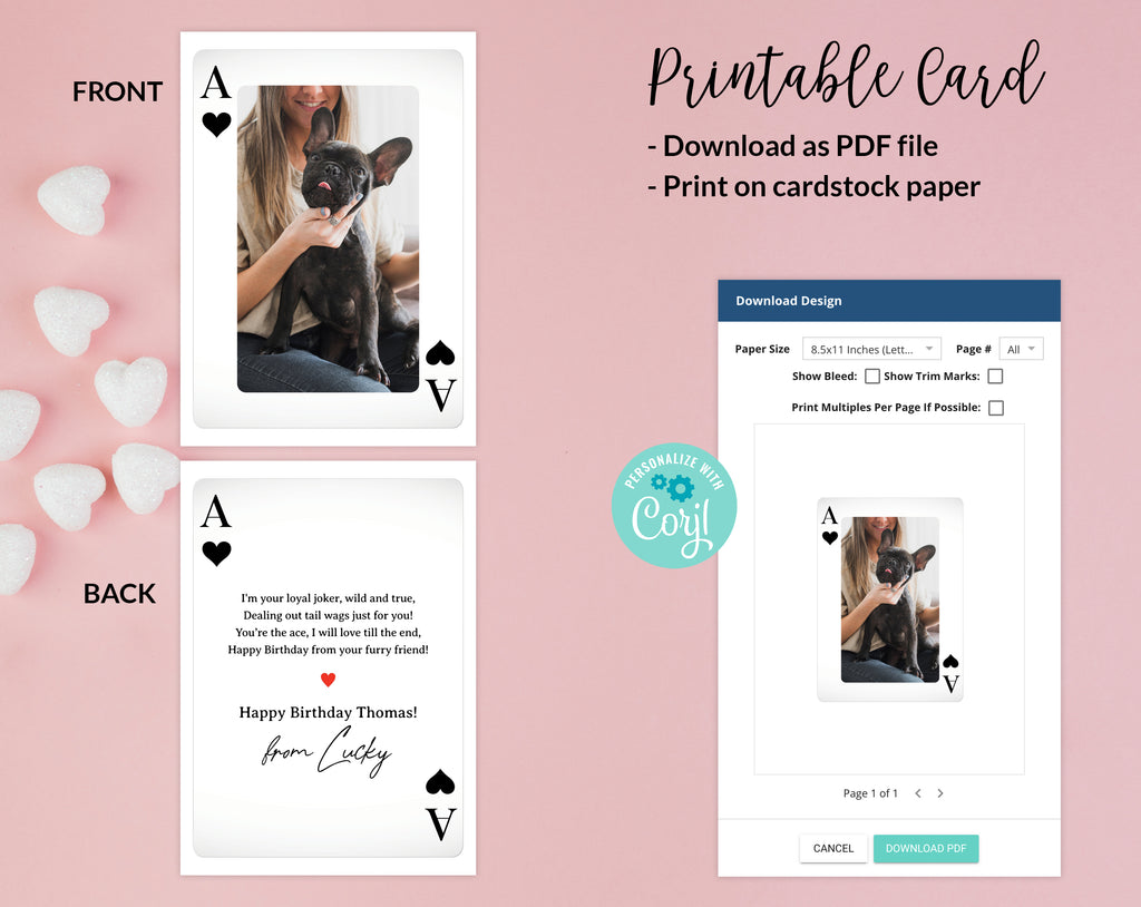 Original Birthday photo card printable, Birthday playing card for human from dog editable template instant download DIY, Boyfriend girlfriend husband wife birthday dog cat pet photo photoshoot ecard digital send by email text message social media, First birthday custom personalized card for dog mom dad, Playing card original funny card for him her, Instant download card, last minute card for men for women from furry friend with poem ace of hearts