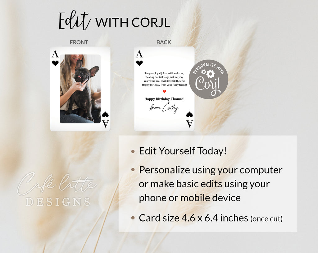 Original Birthday photo card printable, Birthday playing card for human from dog editable template instant download DIY, Boyfriend girlfriend husband wife birthday dog cat pet photo photoshoot ecard digital send by email text message social media, First birthday custom personalized card for dog mom dad, Playing card original funny card for him her, Instant download card, last minute card for men for women from furry friend with poem ace of hearts