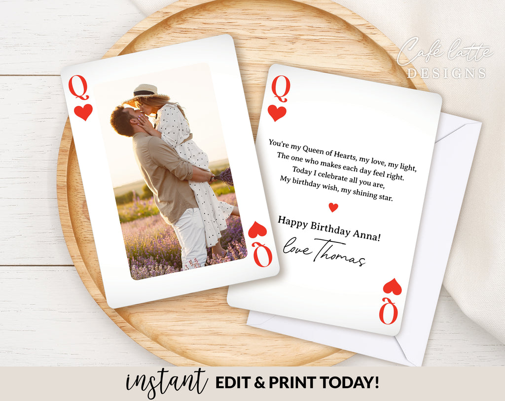 Original girlfriend wife Birthday photo card printable, Birthday playing card for girlfriend or wife editable template instant download DIY, Couple birthday photo photoshoot ecard digital send by email text message social media, birthday custom personalized card for her women girl, Playing card original funny card for her, Instant download card, last minute card for women from boyfriend or husband with poem queen of hearts