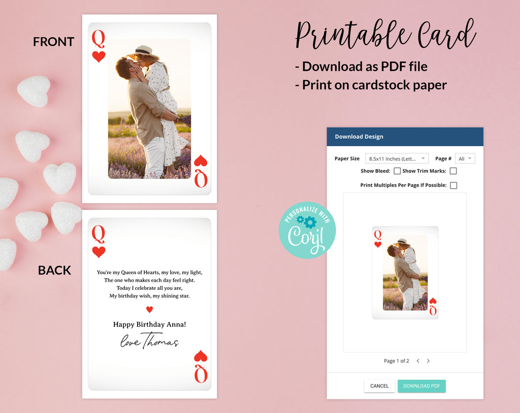 Original girlfriend wife Birthday photo card printable, Birthday playing card for girlfriend or wife editable template instant download DIY, Couple birthday photo photoshoot ecard digital send by email text message social media, birthday custom personalized card for her women girl, Playing card original funny card for her, Instant download card, last minute card for women from boyfriend or husband with poem queen of hearts
