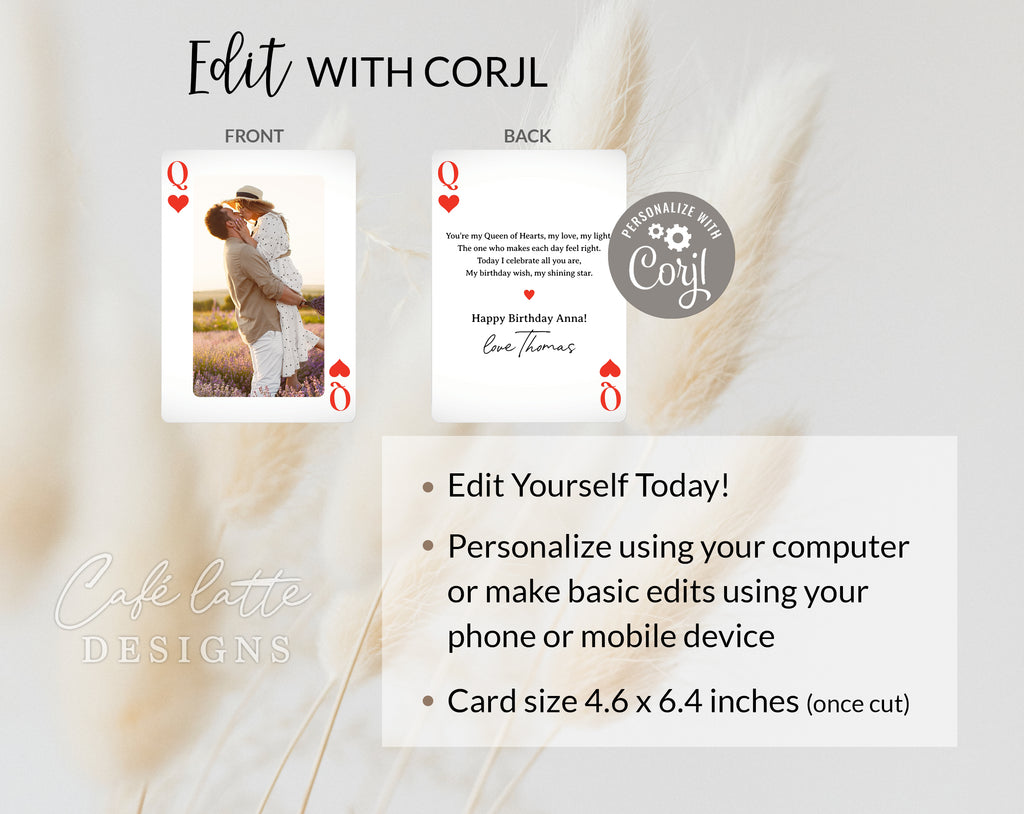 Original girlfriend wife Birthday photo card printable, Birthday playing card for girlfriend or wife editable template instant download DIY, Couple birthday photo photoshoot ecard digital send by email text message social media, birthday custom personalized card for her women girl, Playing card original funny card for her, Instant download card, last minute card for women from boyfriend or husband with poem queen of hearts