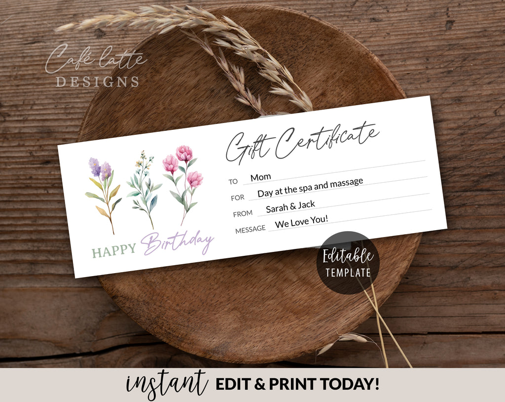 Birthday gift certificate editable template, Birthday gift coupon printable, Birthday gift card for her women mom sister mother, Last minute gift ideas, Original gift idea, Massage spa nails hair gift coupon, Company business gift card DIY, Photo session gift card, Happy Birthday gift certificate, Gift for her, Unique original gift ideas, Cheap birthday gift DIY