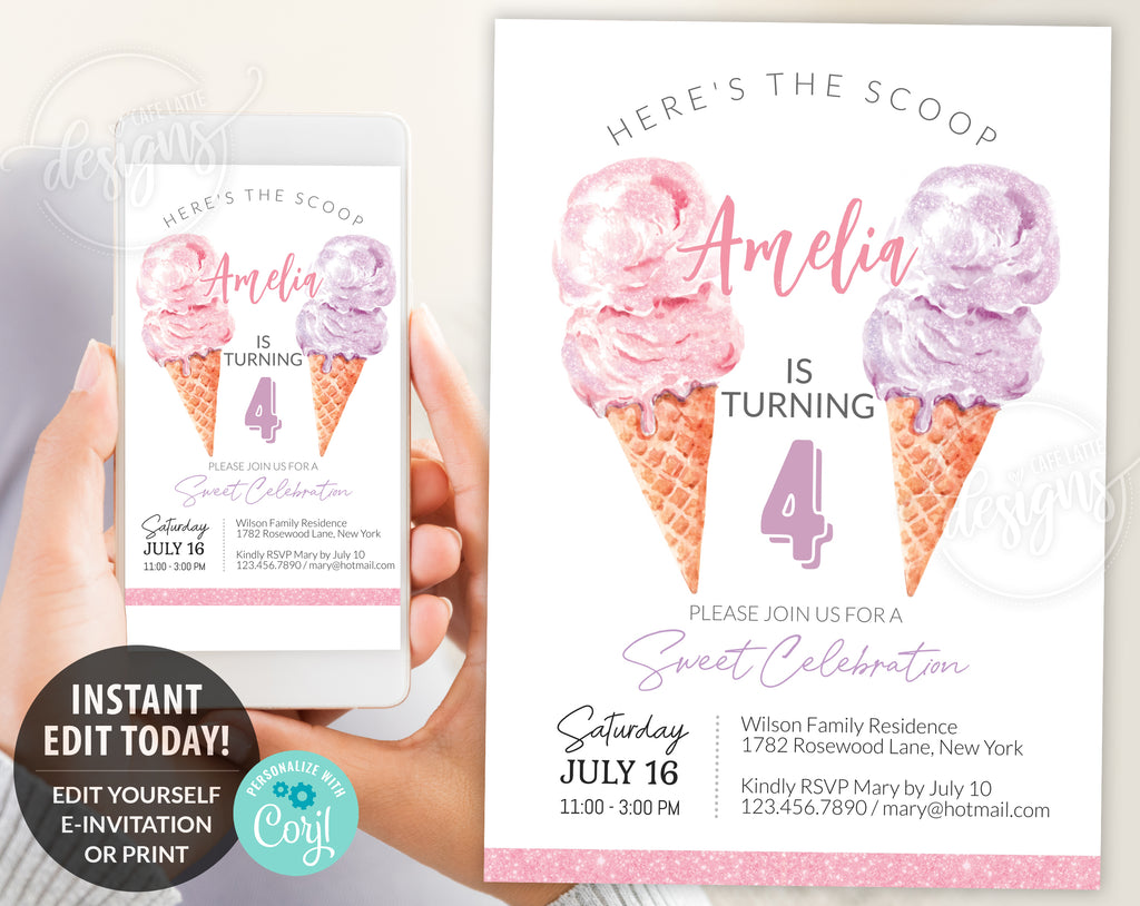Ice Cream birthday invitation editable template, Printable summer birthday invitation, Personalized custom invite for teen girls women, Pink purple glitter ice cream invitation card, Digital birthday invitation email text message, Heres the scoop DIY