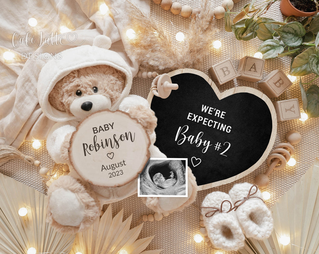 Bohemian pregnancy announcement digital reveal for social media, boho baby announcement digital image with teddy bear, plant, pampas and heart chalkboard, gender neutral baby, we are expecting baby 2