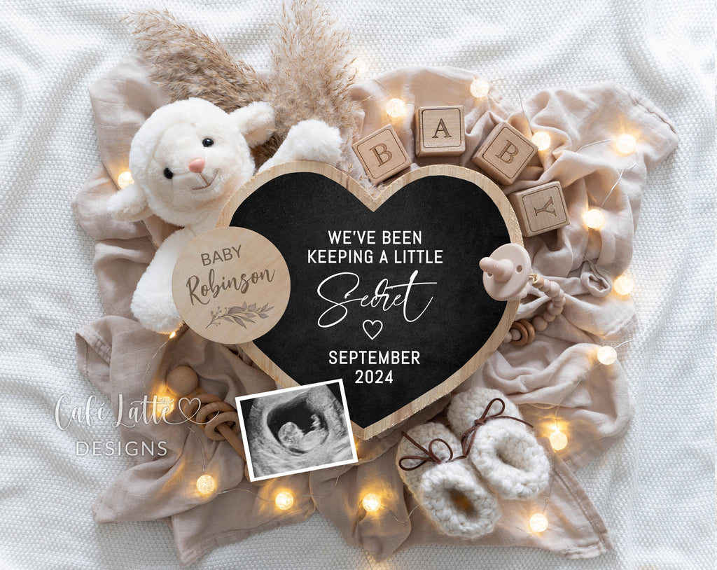 Pregnancy Announcement Digital Boho Gender Neutral Letter Board, Baby Announcement Digital Template Keeping A Little Secret, Little Lamb with Heart Chalkboard